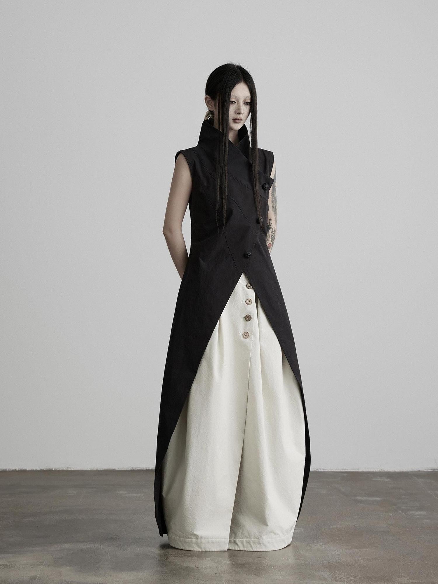 INDULGE Black Asymmetric Placket Stand Collar Front Slit Women&