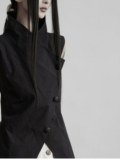 INDULGE Black Asymmetric Placket Stand Collar Front Slit Women&