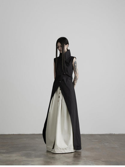 INDULGE Black Asymmetric Placket Stand Collar Front Slit Women&