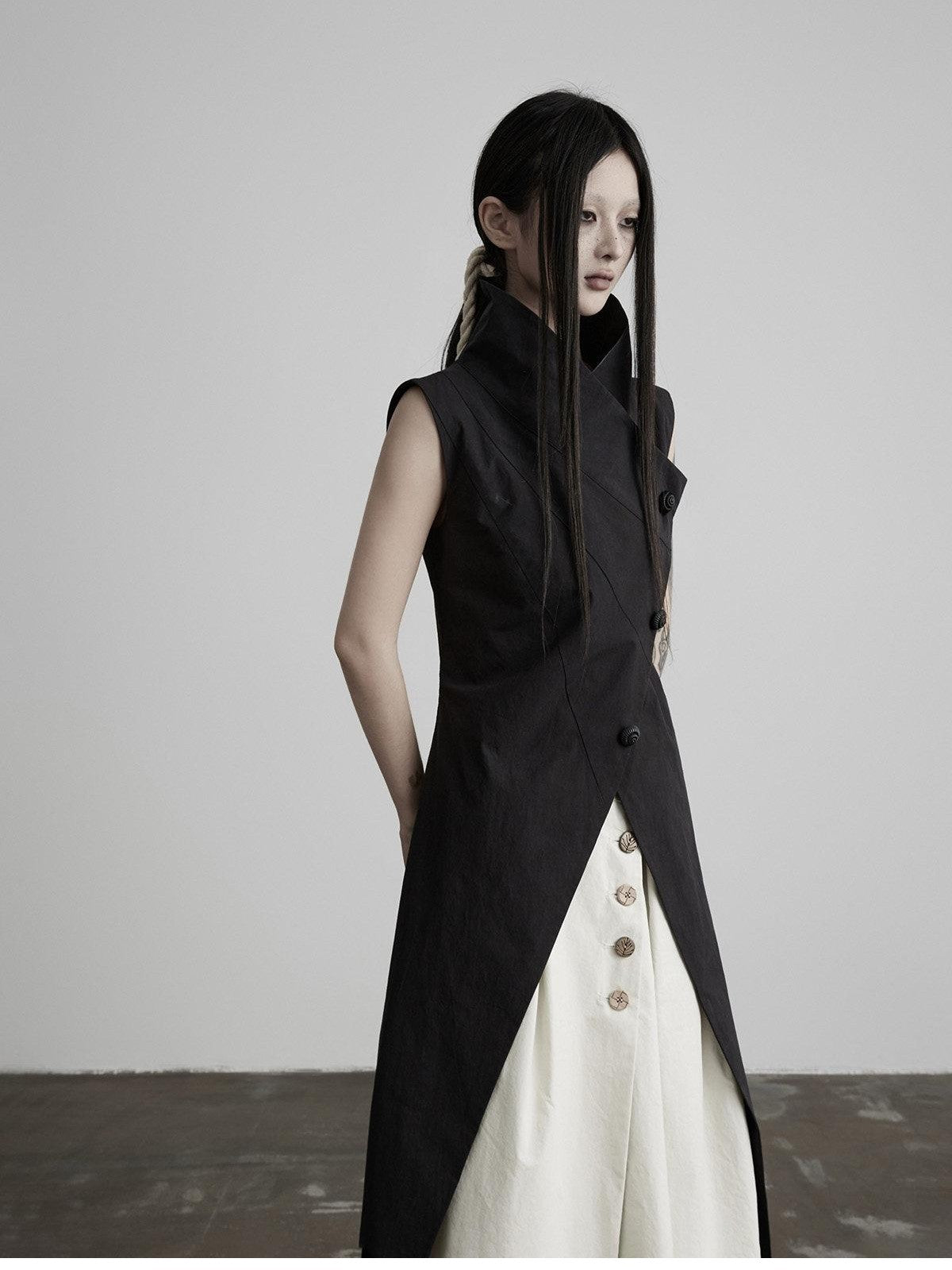 INDULGE Black Asymmetric Placket Stand Collar Front Slit Women&