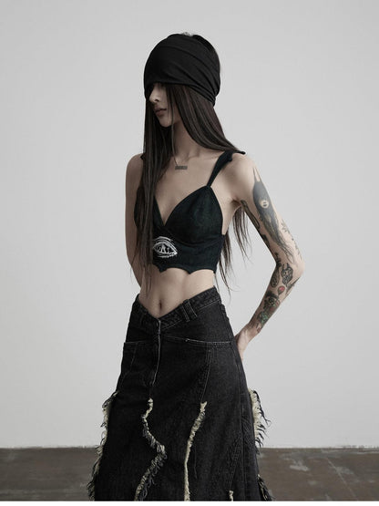 INDULGE Black Devil Wing Embroidered V-neck Women&