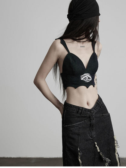 INDULGE Black Devil Wing Embroidered V-neck Women&