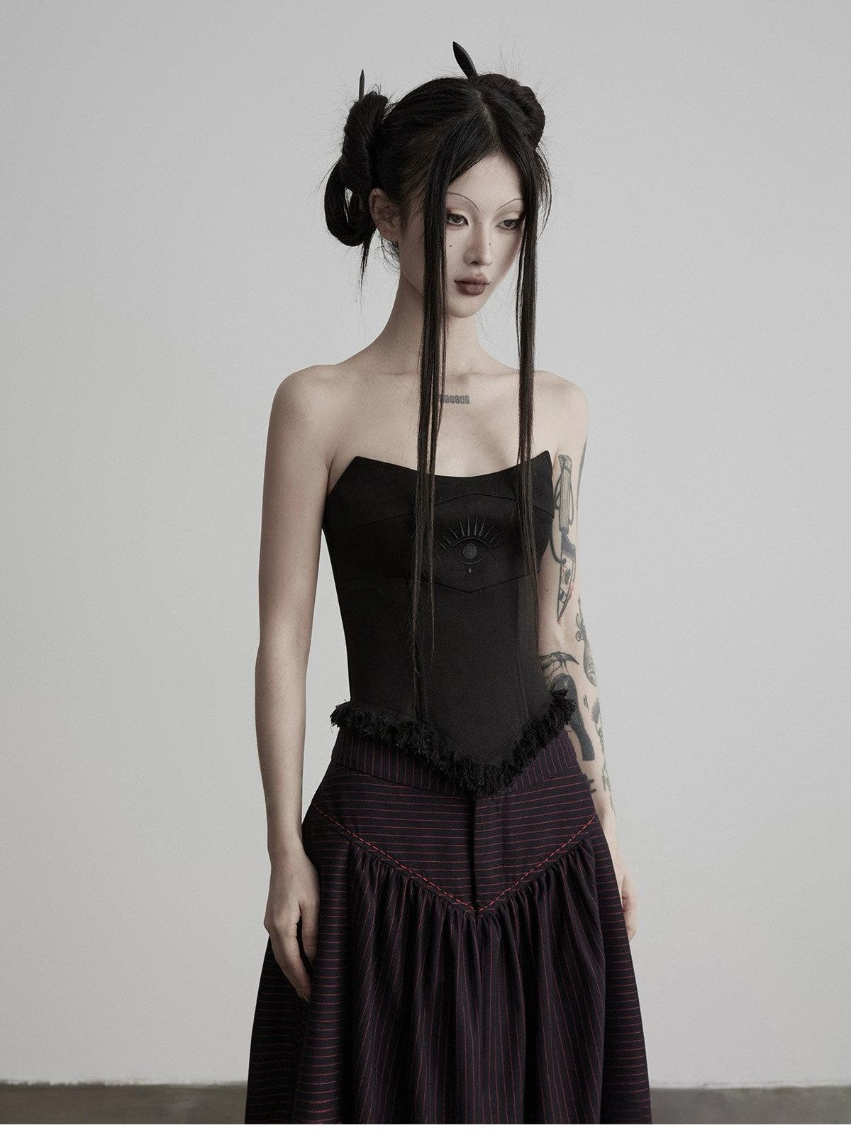 INDULGE Black Embroidered Eyelash Fishbone Splice Women&