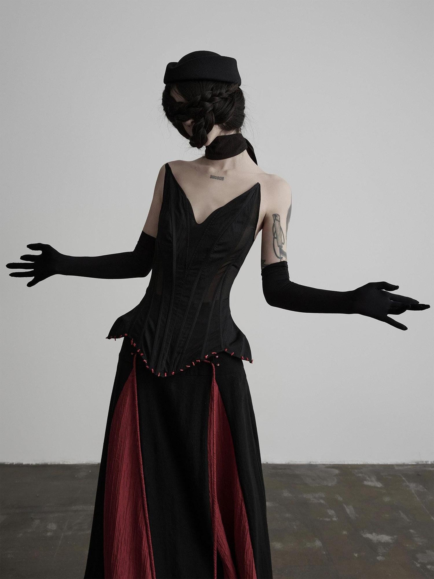 INDULGE Black Gothic 3d Tailored Asymmetrical Hem Boned Waist Zipper Women&