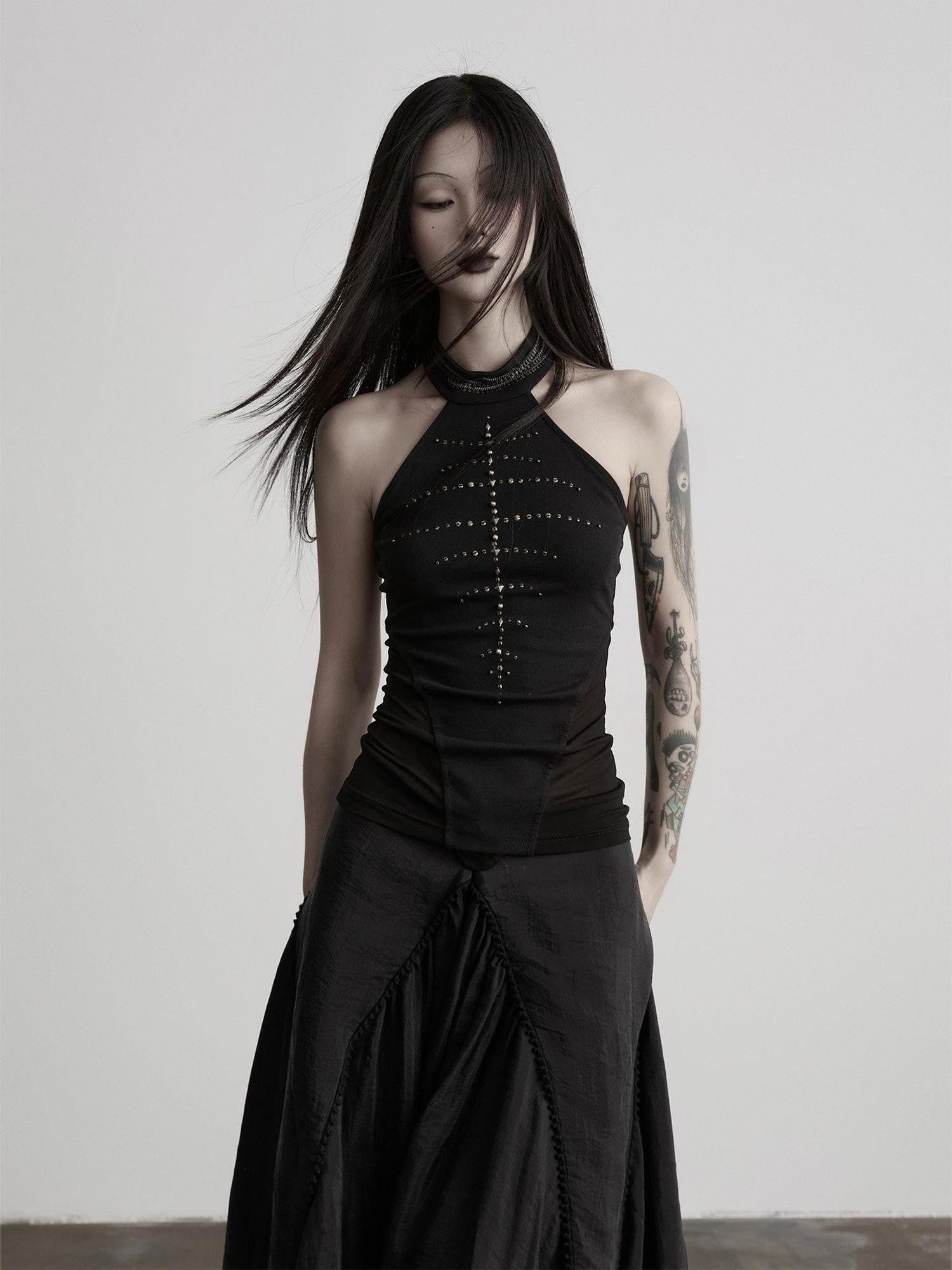 INDULGE Black Mesh Hand Beaded Cutout Cropped Women&