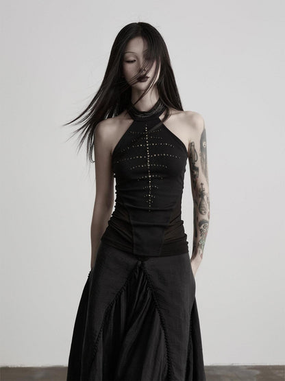 INDULGE Black Mesh Hand Beaded Cutout Cropped Women&