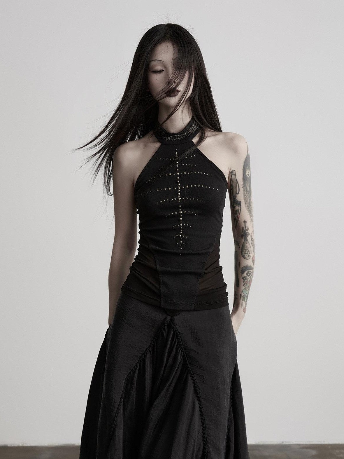 INDULGE Black Mesh Hand Beaded Cutout Cropped Women&