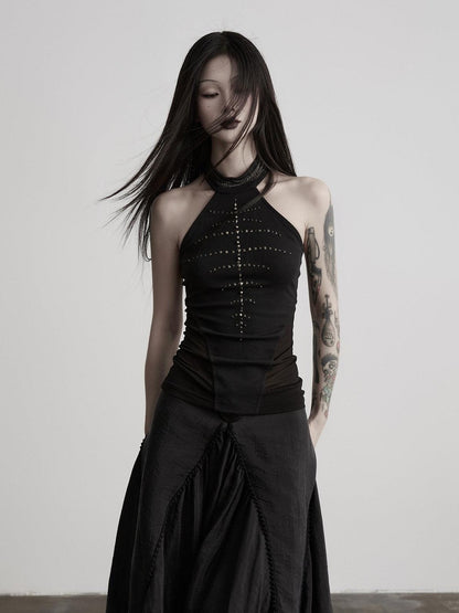 INDULGE Black Mesh Hand Beaded Cutout Cropped Women&