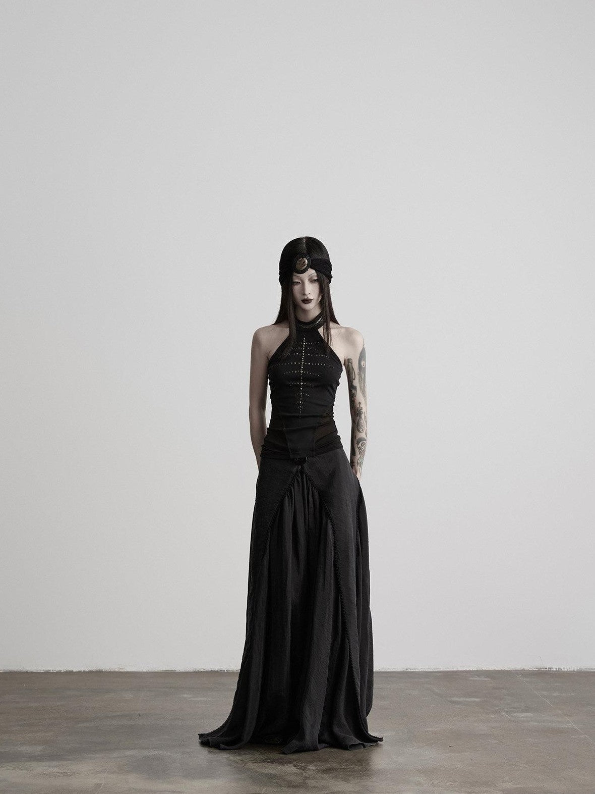 INDULGE Black Mesh Hand Beaded Cutout Cropped Women&