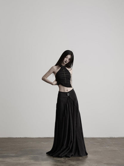 INDULGE Black Mesh Hand Beaded Cutout Cropped Women&