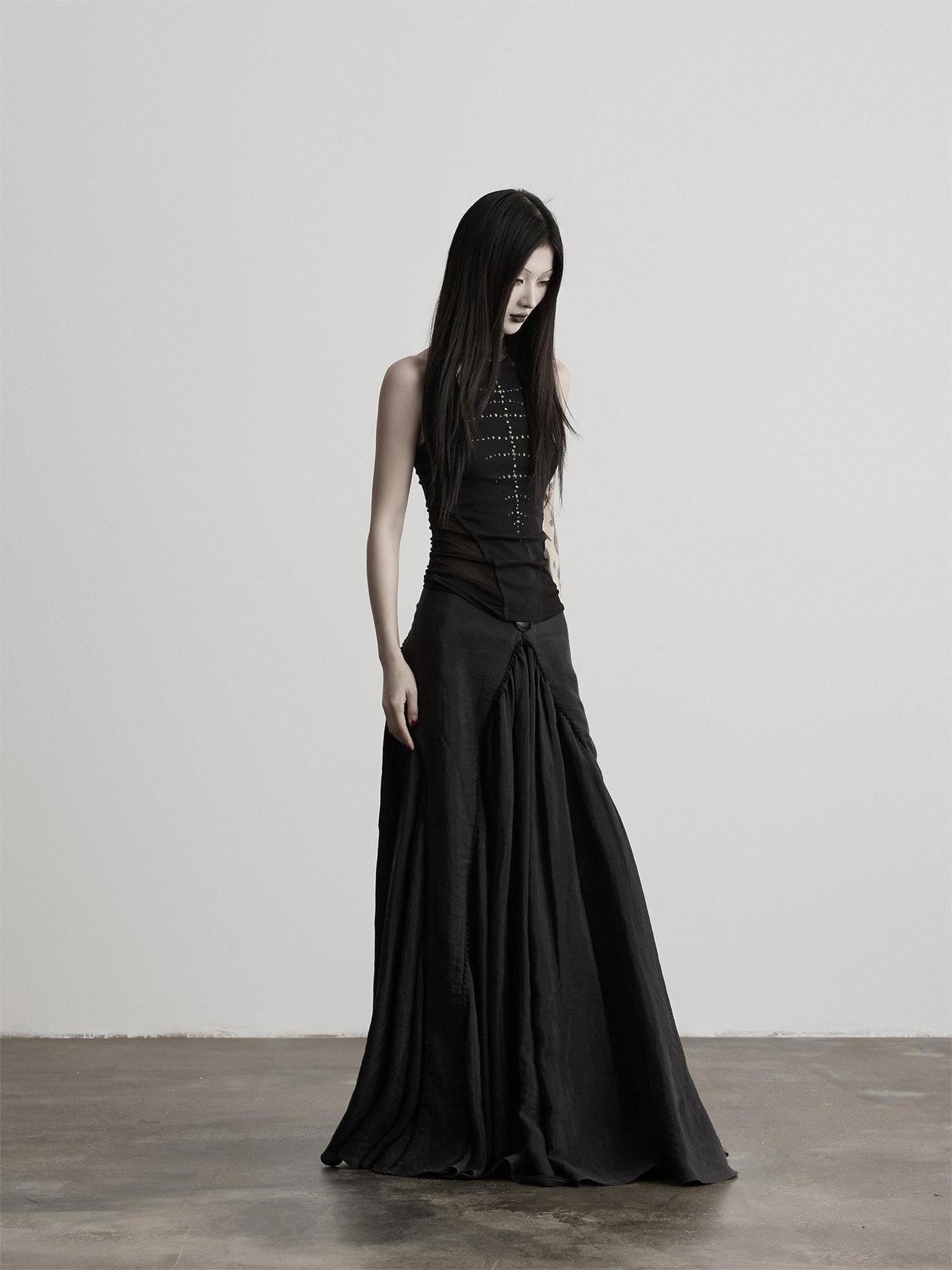 INDULGE Black Mesh Hand Beaded Cutout Cropped Women&