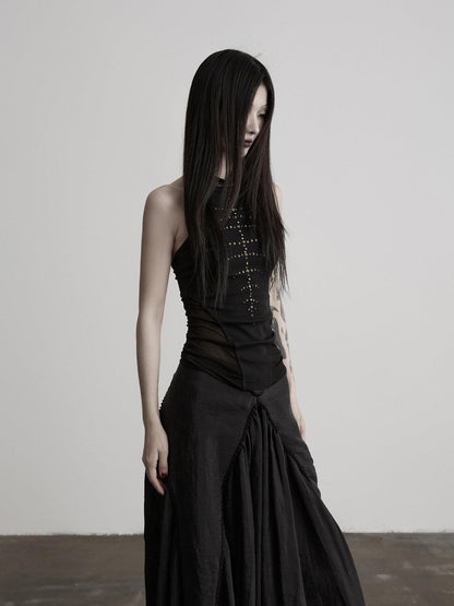 INDULGE Black Mesh Hand Beaded Cutout Cropped Women&