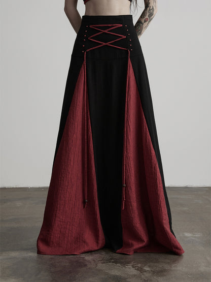 INDULGE_Black_Red_Beaded_Tie_Waist_Spliced_A_Line_Women&