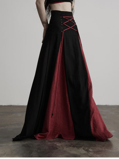 INDULGE Black Red Beaded Tie Waist Spliced A Line Women&