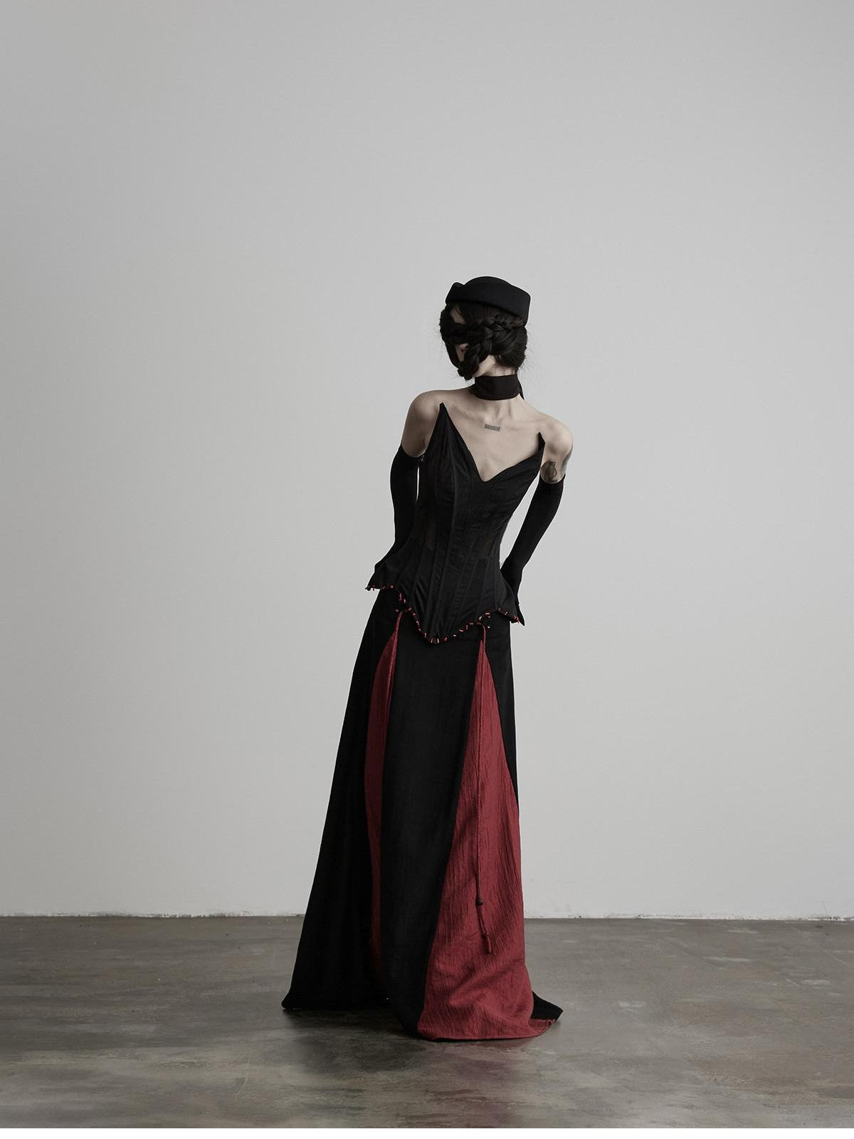 INDULGE Black Red Beaded Tie Waist Spliced A Line Women&