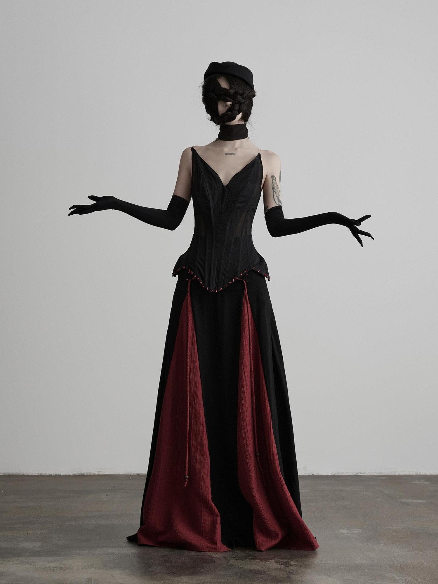 INDULGE Black Red Beaded Tie Waist Spliced A Line Women&