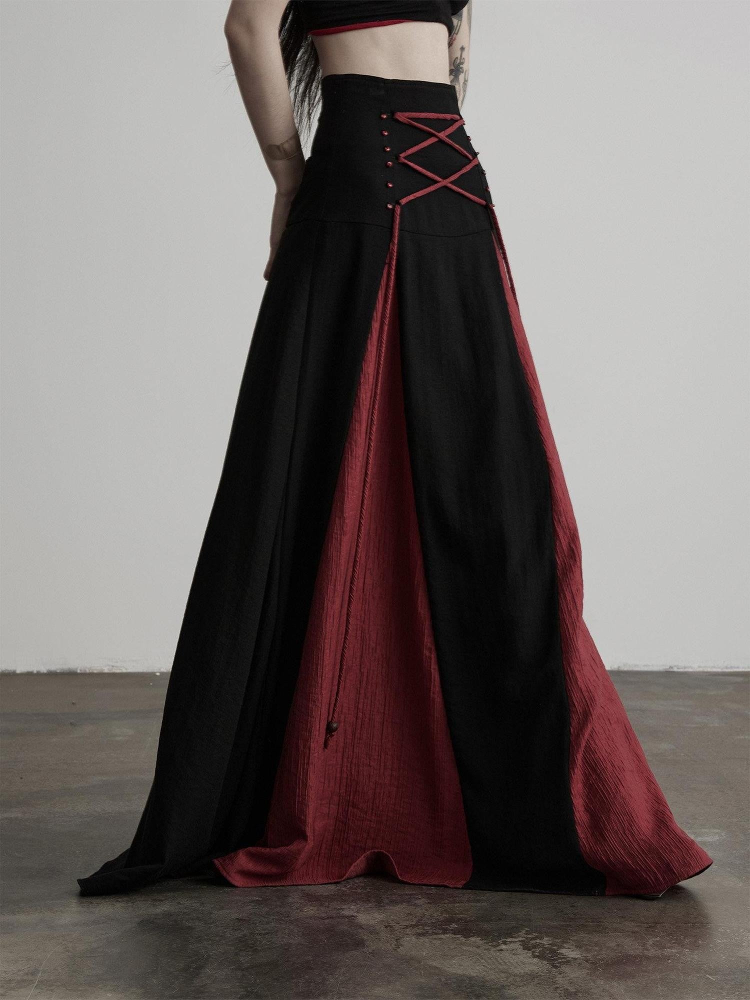 INDULGE Black Red Beaded Tie Waist Spliced A Line Women&