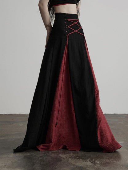 INDULGE Black Red Beaded Tie Waist Spliced A Line Women&
