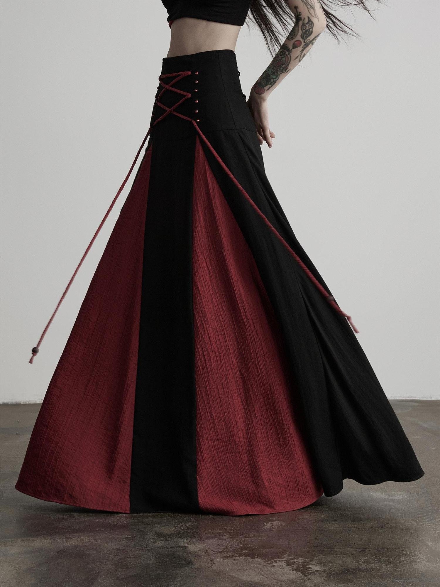 INDULGE Black Red Beaded Tie Waist Spliced A Line Women&