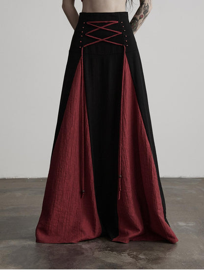 INDULGE Black Red Beaded Tie Waist Spliced A Line Women&