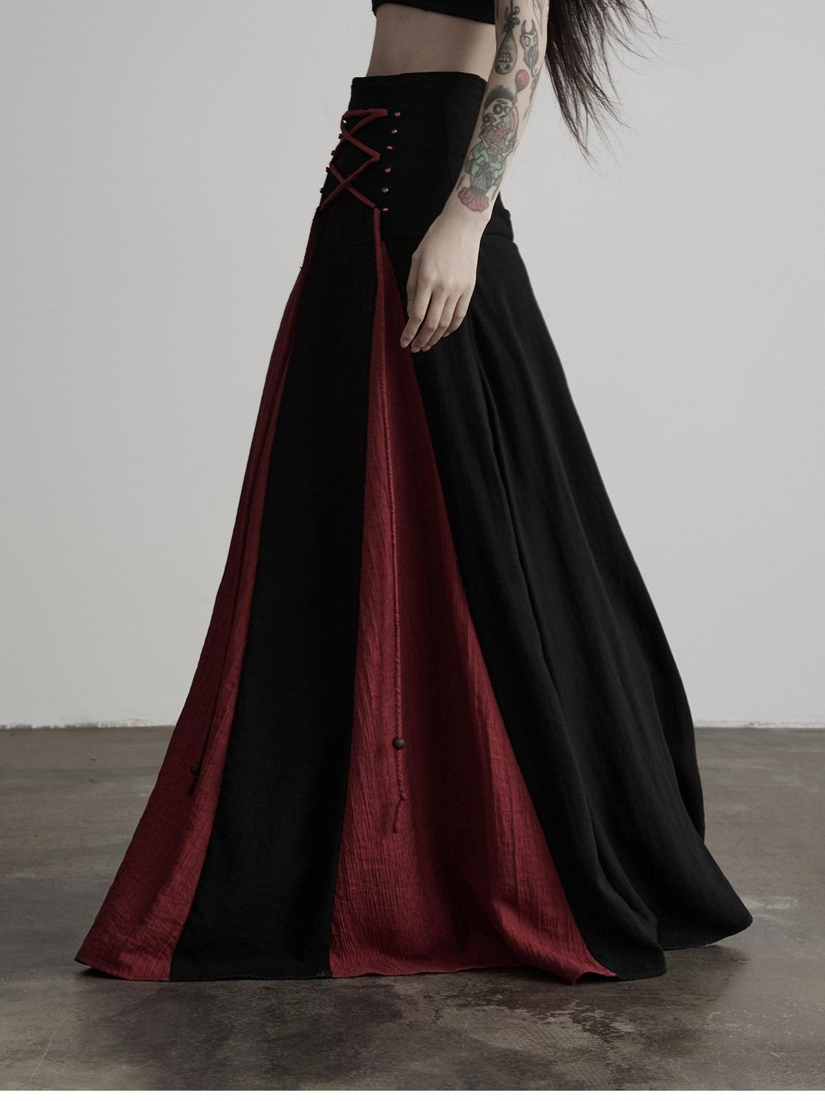 INDULGE Black Red Beaded Tie Waist Spliced A Line Women&