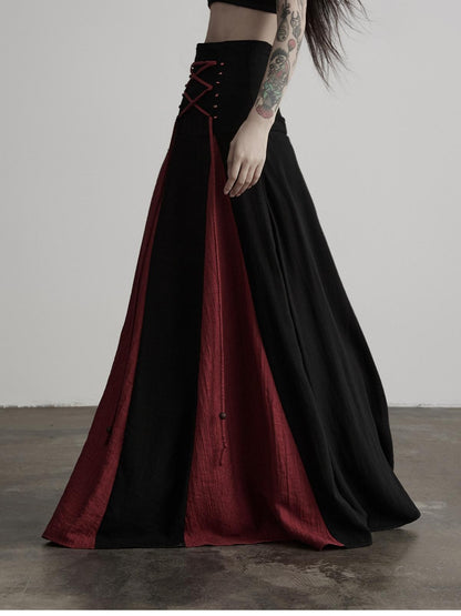 INDULGE Black Red Beaded Tie Waist Spliced A Line Women&