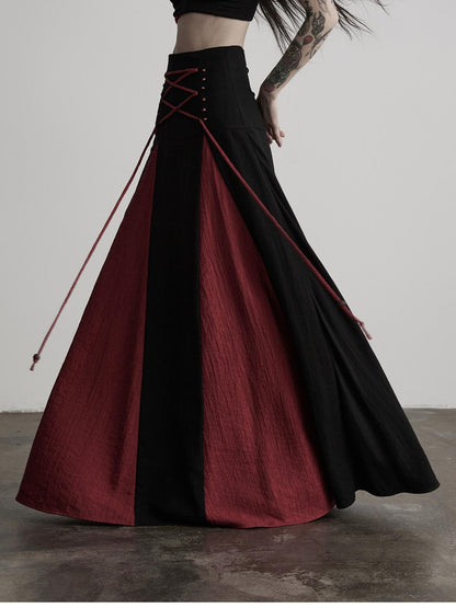 INDULGE Black Red Beaded Tie Waist Spliced A Line Women&