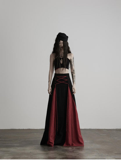 INDULGE Black Red Beaded Tie Waist Spliced A Line Women&