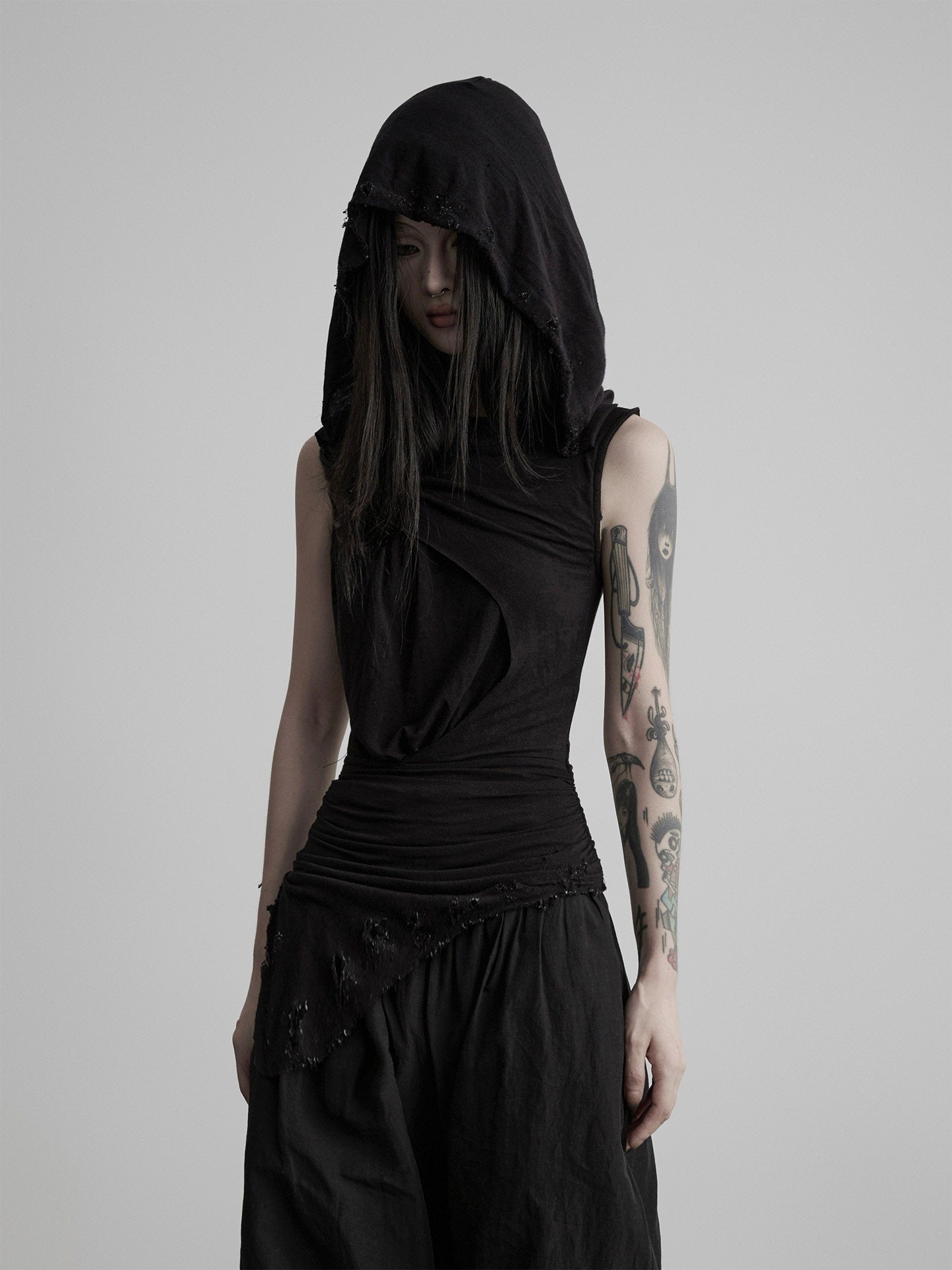 INDULGE_Black_Ripped_Ruched_Slim_Waist_Cinched_Hooded_Women&