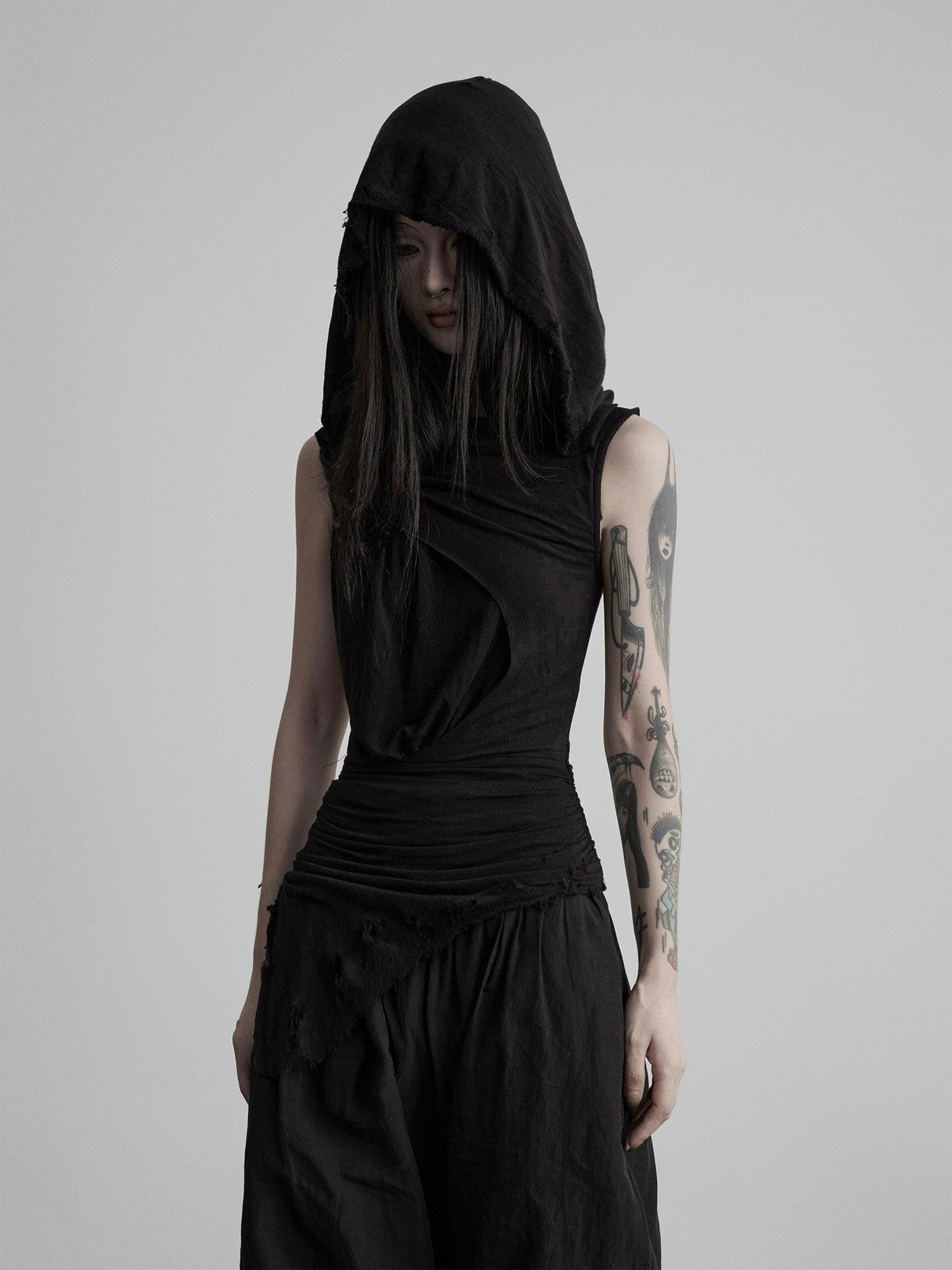 INDULGE Black Ripped Ruched Slim Waist Cinched Hooded Women&