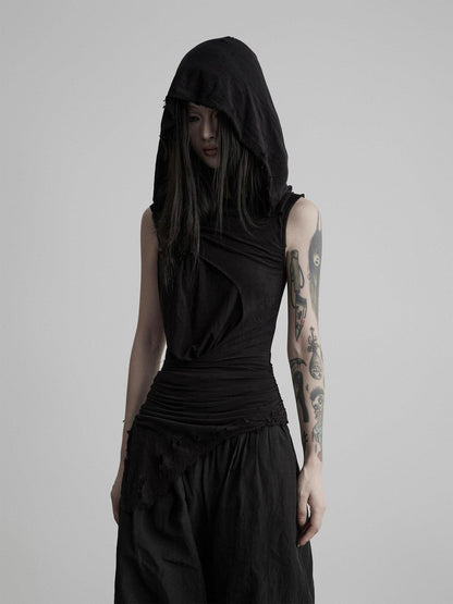 INDULGE Black Ripped Ruched Slim Waist Cinched Hooded Women&