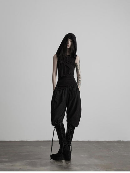 INDULGE Black Ripped Ruched Slim Waist Cinched Hooded Women&