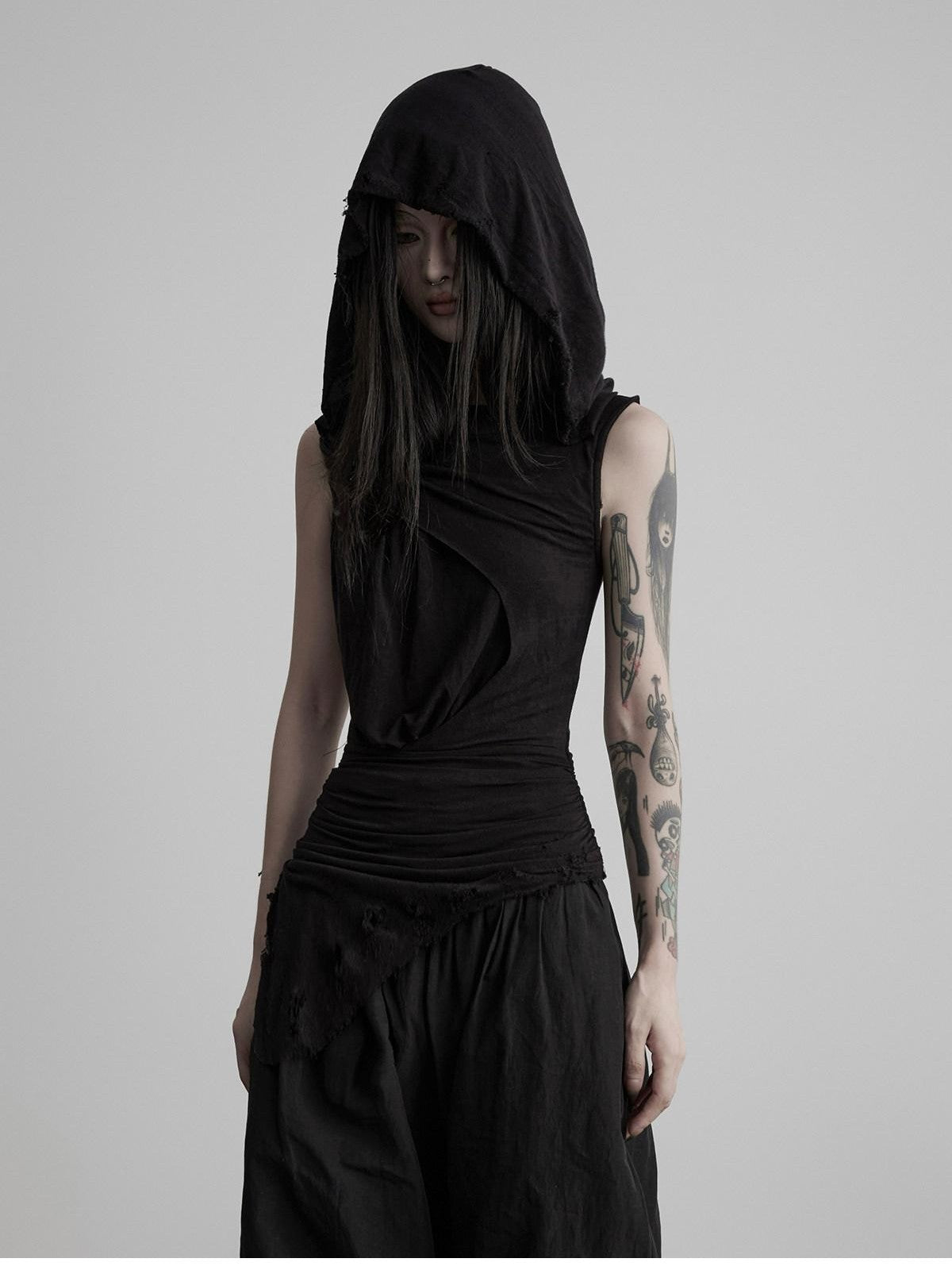 INDULGE Black Ripped Ruched Slim Waist Cinched Hooded Women&