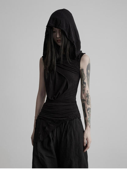 INDULGE Black Ripped Ruched Slim Waist Cinched Hooded Women&