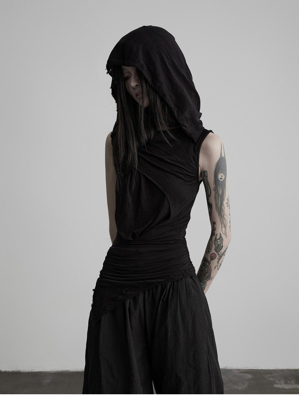 INDULGE Black Ripped Ruched Slim Waist Cinched Hooded Women&