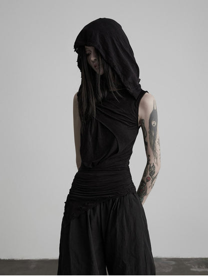 INDULGE Black Ripped Ruched Slim Waist Cinched Hooded Women&