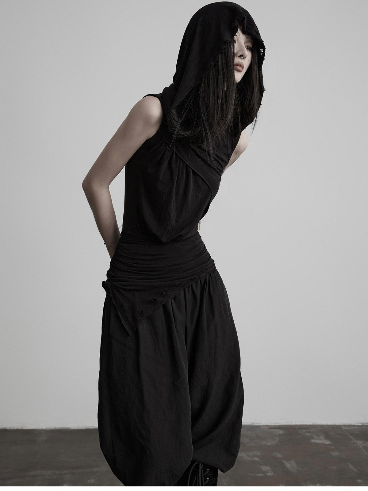 INDULGE Black Ripped Ruched Slim Waist Cinched Hooded Women&