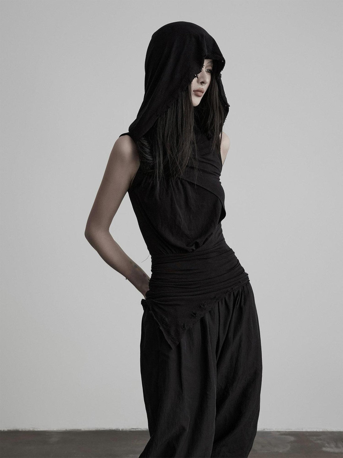 INDULGE Black Ripped Ruched Slim Waist Cinched Hooded Women&