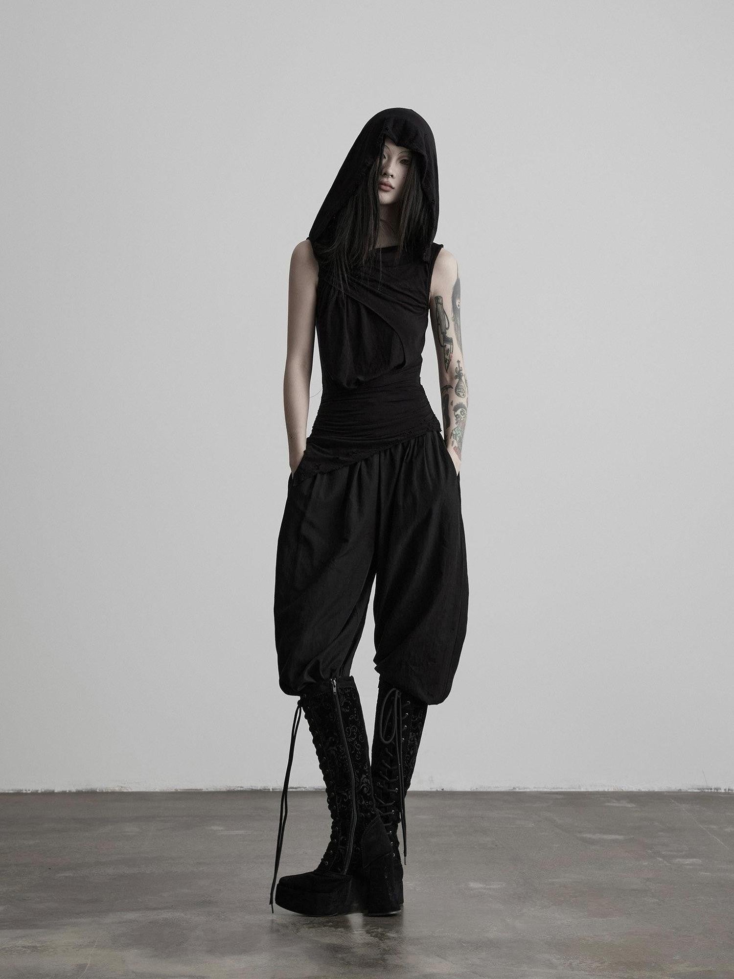INDULGE Black Ripped Ruched Slim Waist Cinched Hooded Women&