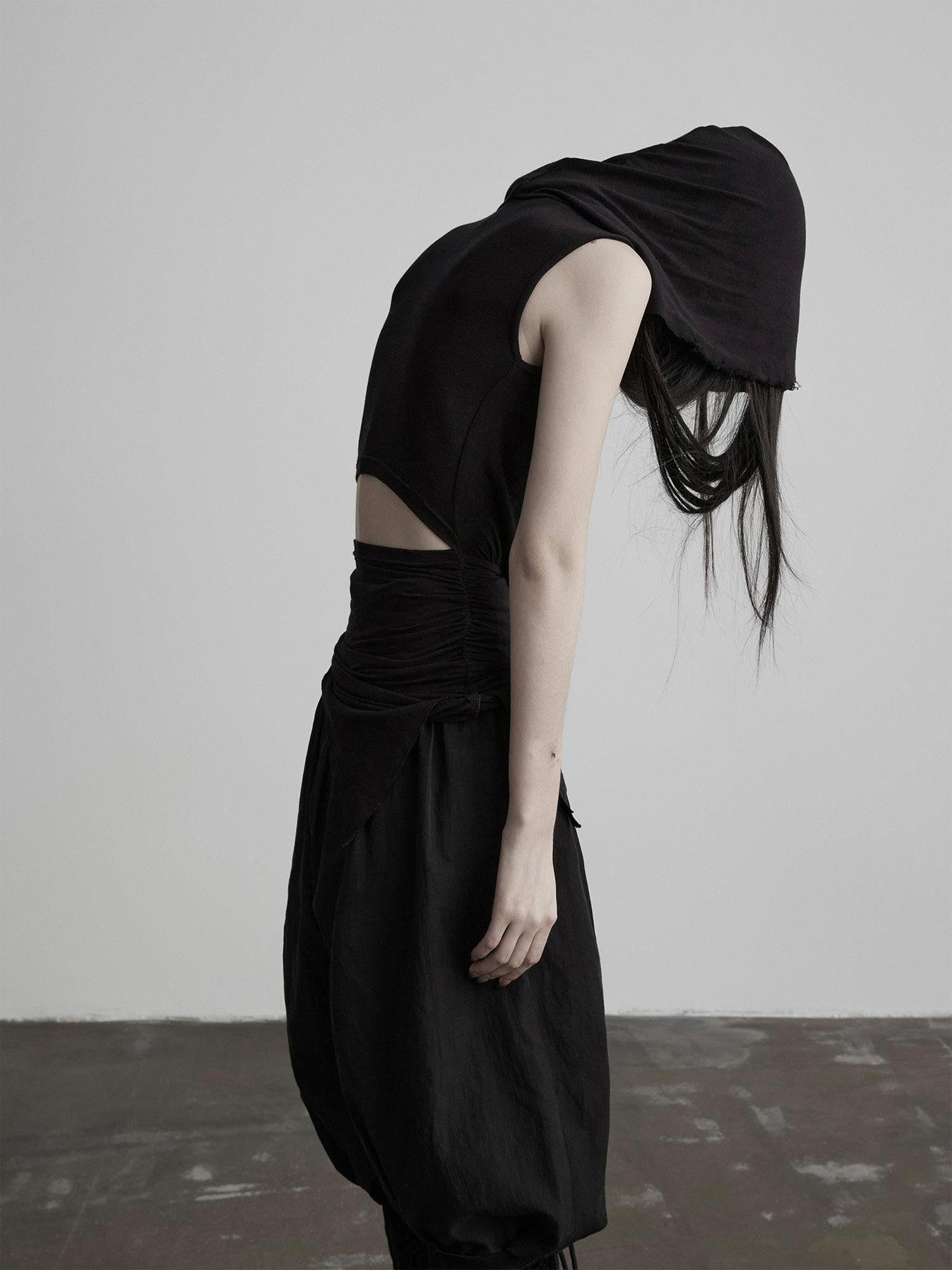 INDULGE Black Ripped Ruched Slim Waist Cinched Hooded Women&