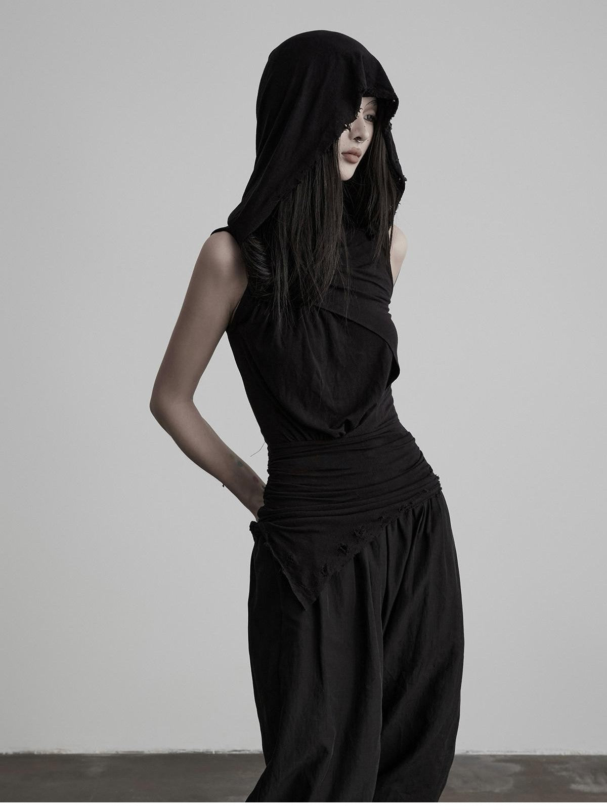 INDULGE Black Ripped Ruched Slim Waist Cinched Hooded Women&