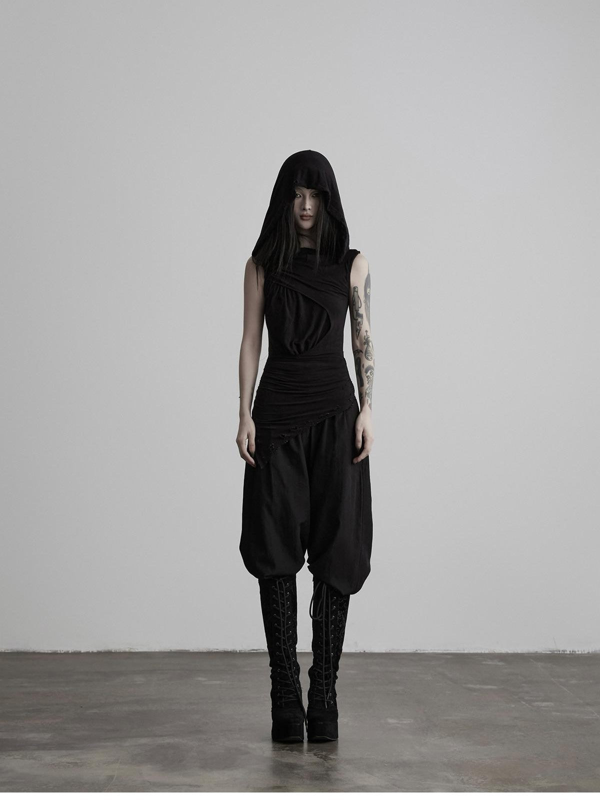 INDULGE Black Ripped Ruched Slim Waist Cinched Hooded Women&