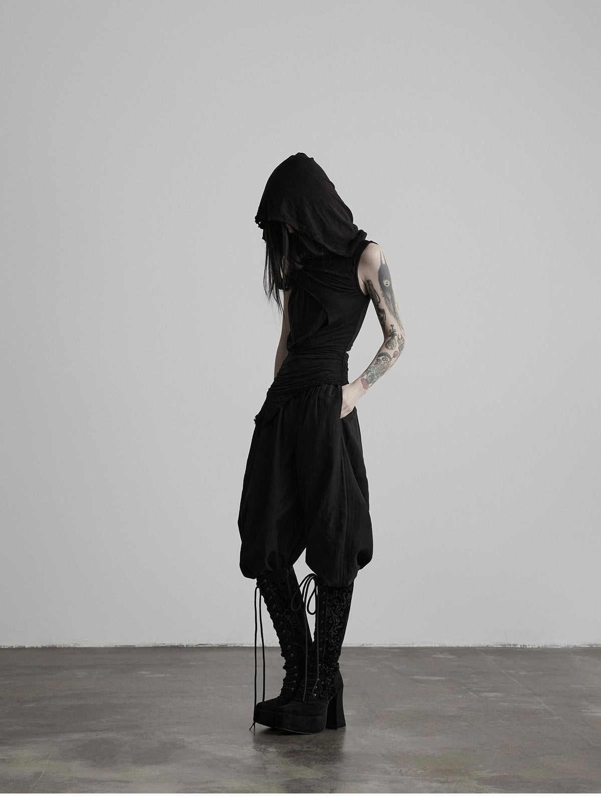 INDULGE Black Ripped Ruched Slim Waist Cinched Hooded Women&
