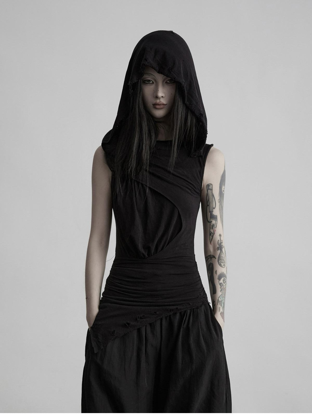 INDULGE Black Ripped Ruched Slim Waist Cinched Hooded Women&