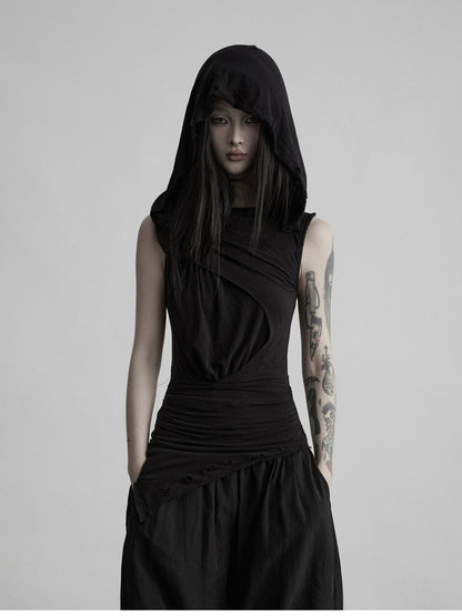 INDULGE Black Ripped Ruched Slim Waist Cinched Hooded Women&