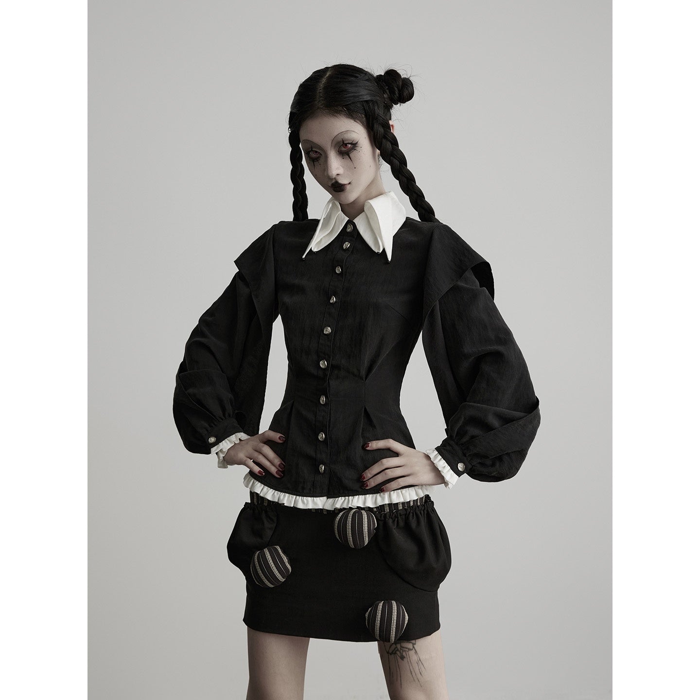 INDULGE_Black_White_Ruffled_Pointed_Collar_Tailored_Women&