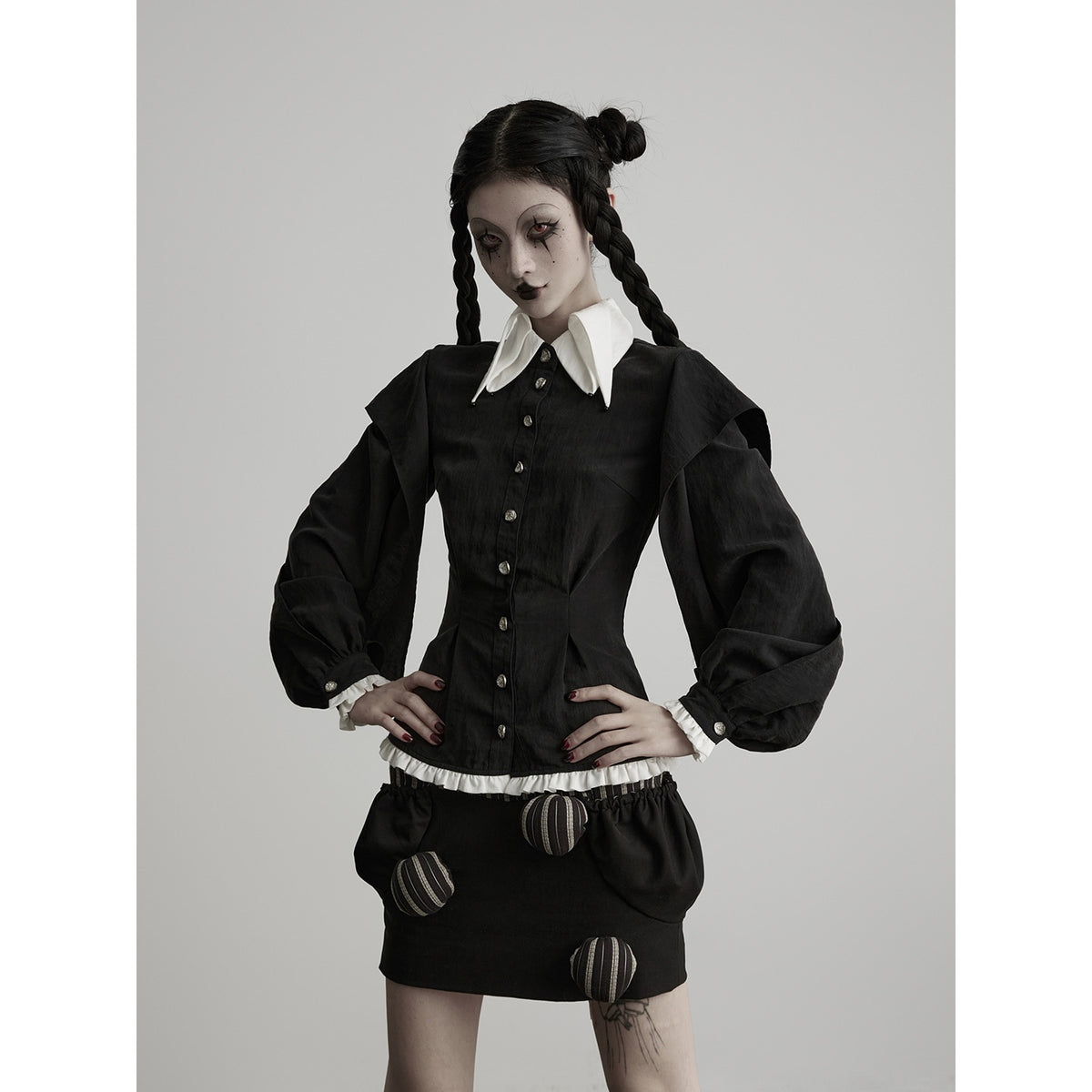 INDULGE_Black_White_Ruffled_Pointed_Collar_Tailored_Women&