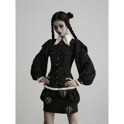 INDULGE_Black_White_Ruffled_Pointed_Collar_Tailored_Women&