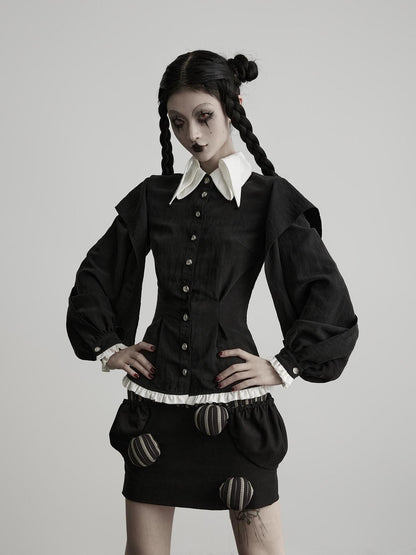 INDULGE Black White Ruffled Pointed Collar Tailored Women&