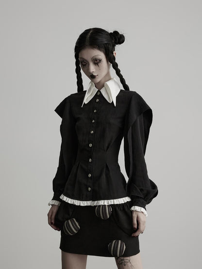 INDULGE Black White Ruffled Pointed Collar Tailored Women&